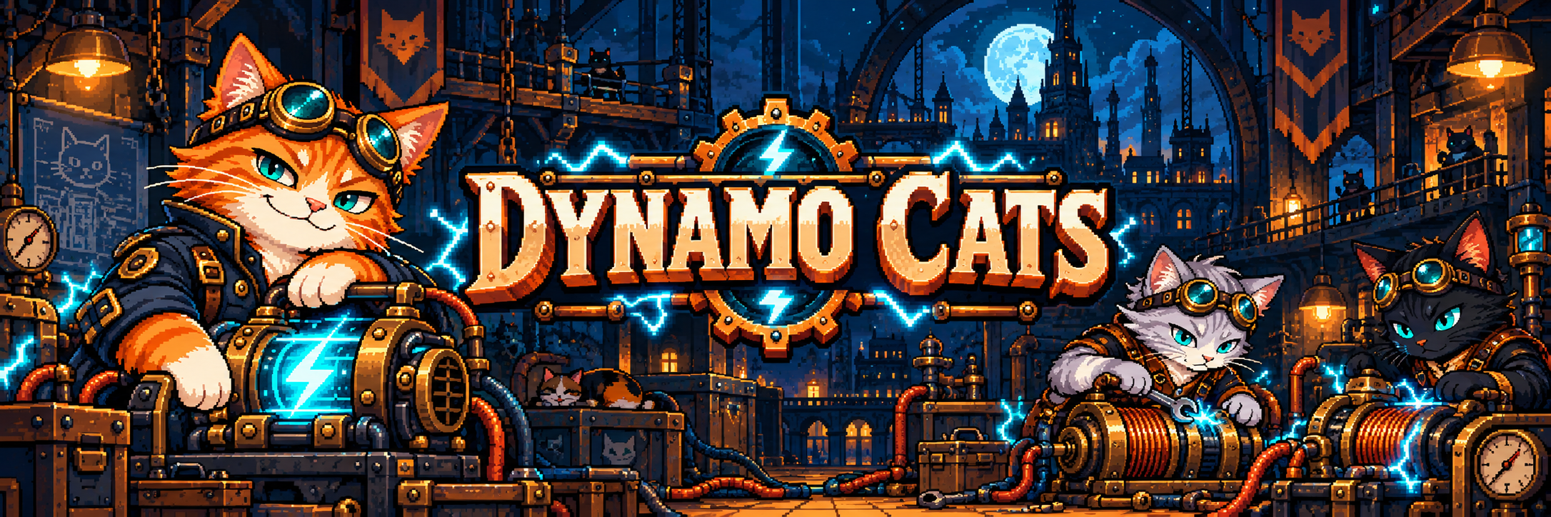 Dynamo Cats pixel workshop with orange, gray and black cat engineers